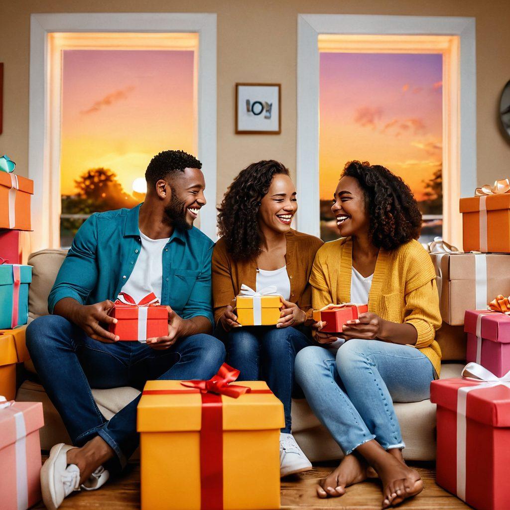 A heartwarming scene of diverse couples enjoying subscription services together, surrounded by colorful boxes labeled 'Love', 'Joy', and 'Connection'. They are engaged in laughter while opening gifts, with a warm sunset in the background symbolizing lasting devotion. Include elements of technology seamlessly blending into the cozy atmosphere. super-realistic. vibrant colors. warm tones.