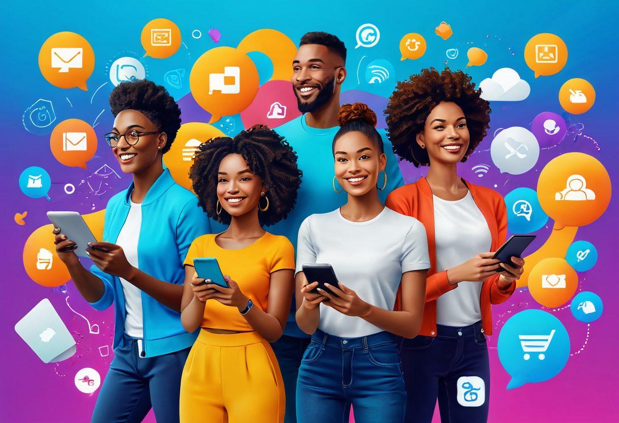 A vibrant illustration of a diverse group of happy members interacting with their devices, surrounded by visual elements representing endless subscription benefits like entertainment, wellness, and services. Include floating icons of discounts, rewards, and community engagement symbols. The background should be colorful and dynamic, embodying joy and connection. super-realistic. vibrant colors. 3D.